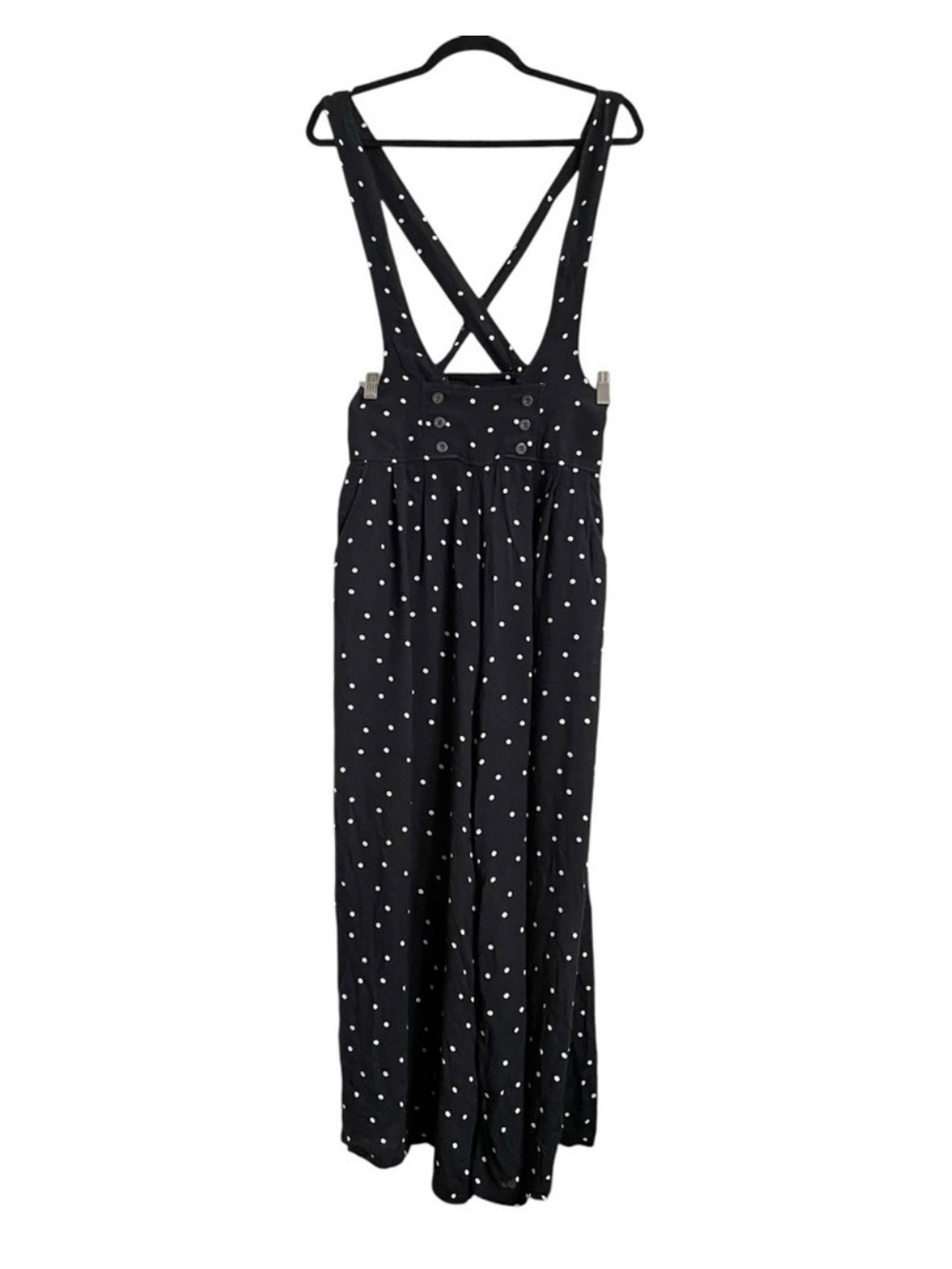 Free People Black Polka Dot Crisscross Suspender Wide-Leg Jumpsuit